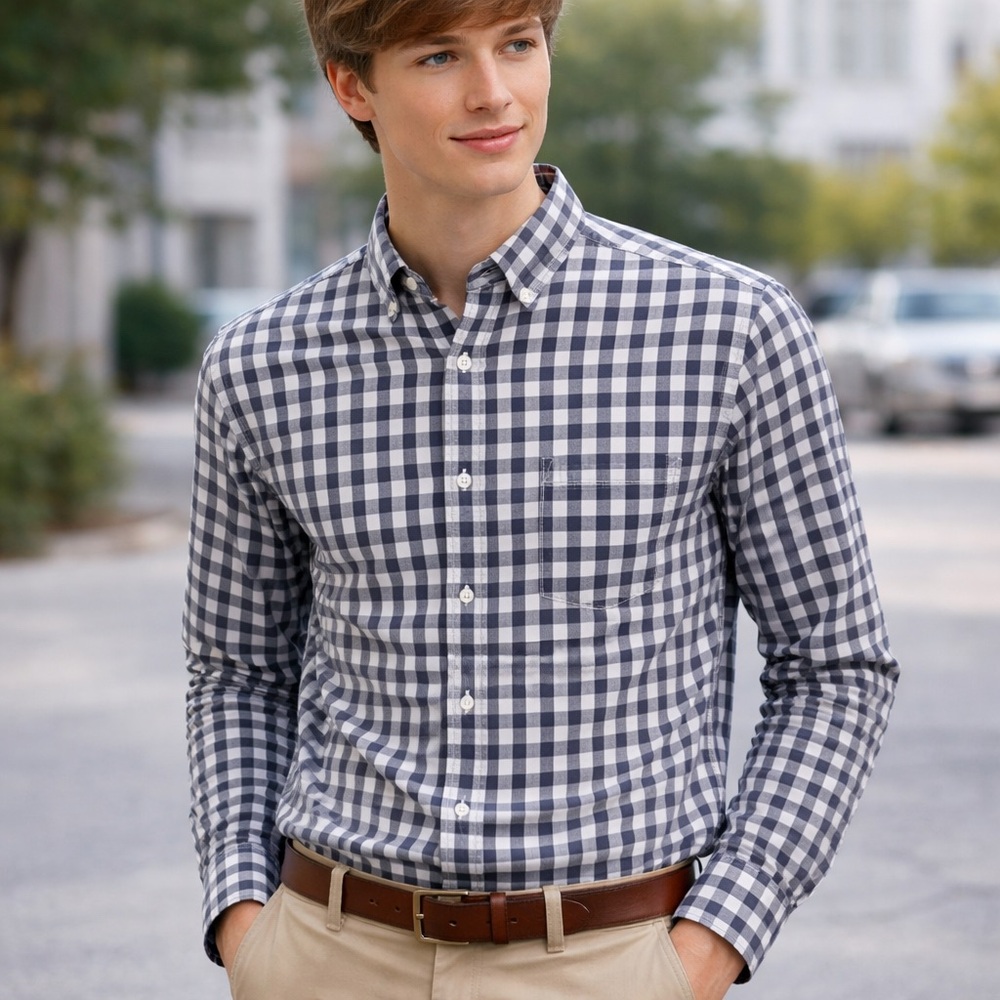 J.‎ Crew Navy and White Long Sleeve Dress Shirt Checkered Gingham Button Shirt